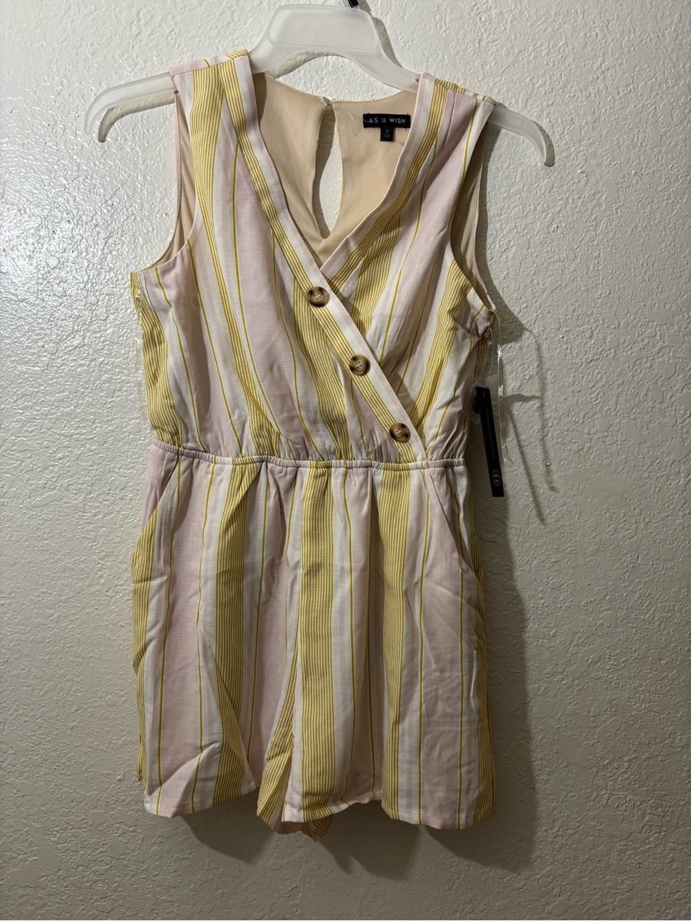As U Wish Pink & Yellow Striped Sleeveless Wrap Romper